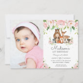 森の動物 ピンクの花 1歳の誕生日写真 招待状 (正面)