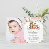 森の動物 ピンクの花 1歳の誕生日写真 招待状 (スタンド正面)