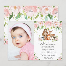 森の動物 ピンクの花 1歳の誕生日写真 招待状