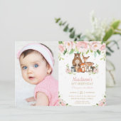 森の動物 ピンクの花 1歳の誕生日写真 招待状 (スタンド正面)