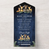 森の動物 ブルー ウッド ベビーシャワーとラッフル オールインワン招待状 (内側)