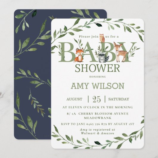 森の動物 ベビーシャワー ファンシーグリーン 招待状 (正面/裏面)