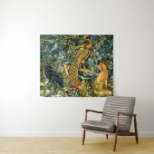 森の動物，レイベン，キツネ，孔雀ブルーグリーンフローラ タペストリー (インサイチュ(横))