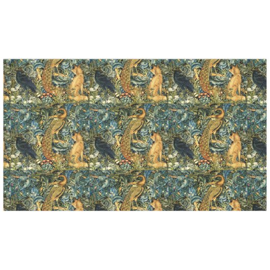 森の動物，レイベン，キツネ，孔雀ブルーグリーンフローラ テーブルクロス (正面(横))