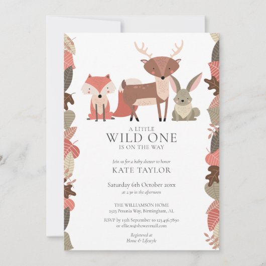 森の動物 ワイルドワン ニュートラル ベビーシャワー 招待状 (正面)