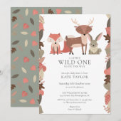 森の動物 ワイルドワン ニュートラル ベビーシャワー 招待状 (正面/裏面)