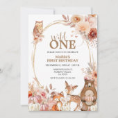 森の動物 ワイルドワン 秋の花 1歳の誕生日 招待状 (正面)