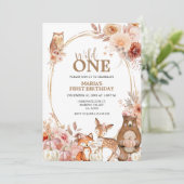 森の動物 ワイルドワン 秋の花 1歳の誕生日 招待状 (スタンド正面)