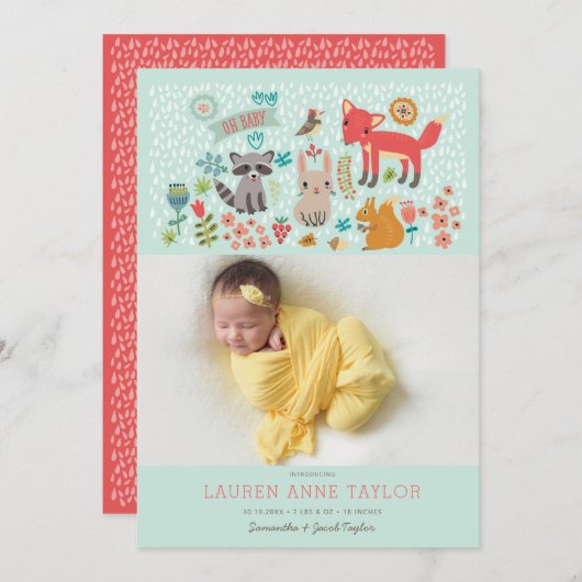 森の動物 新生児 誕生のお知らせ 招待状 (正面/裏面)