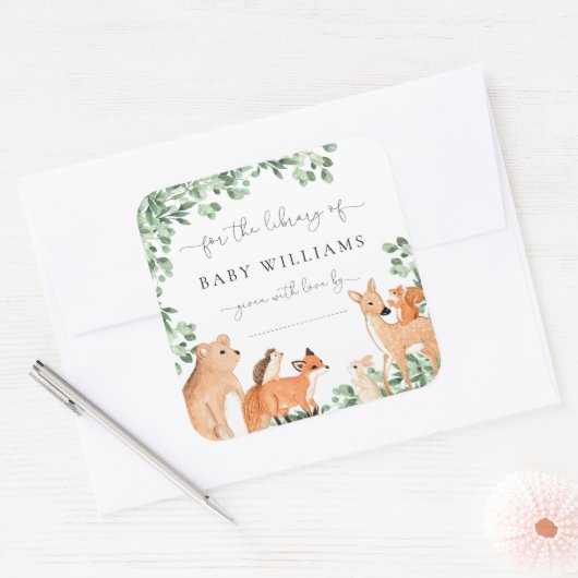 森の動物 白い本のしおりシール スクエアシール (封筒)