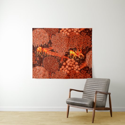 森の動物、赤い黄色の小川のフローラ タペストリー (インサイチュ(横))