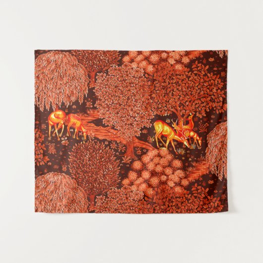 森の動物、赤い黄色の小川のフローラ タペストリー (正面(横))