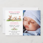 森の動物 赤ちゃん女の子 フォト発表カード 招待状 (正面)