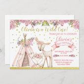 森の動物、鹿、狐、テントの誕生日招待状。 招待状 (正面/裏面)