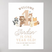 森の動物 1歳の誕生日パーティーようこそサイン ポスター (正面)
