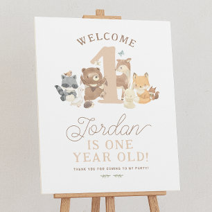 森の動物 1歳の誕生日パーティーようこそサイン ポスター