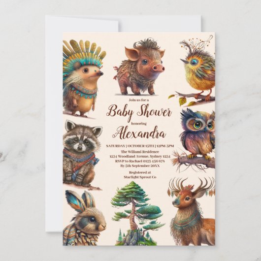 森の友人とウッドランド緑のベビーシャワー 招待状 (正面)