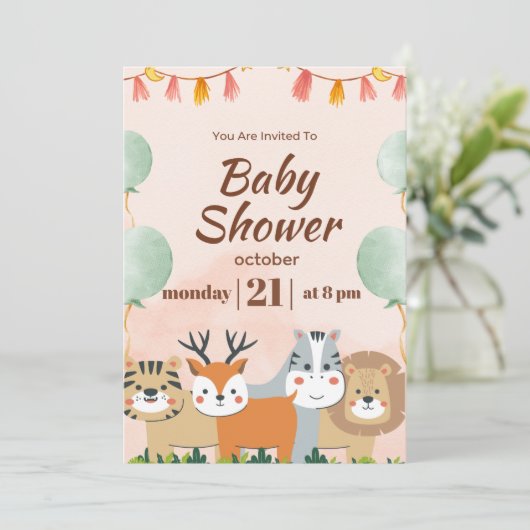 森の友人とウッドランド緑のベビーシャワー 招待状 (スタンド正面)