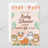 森の友人とウッドランド緑のベビーシャワー 招待状 (正面/裏面)