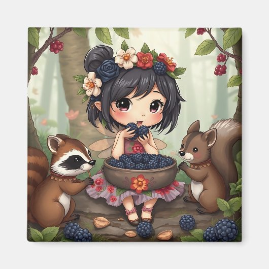 森の友達とブラックベリーを食べるちびフェアリー マグネット (正面)