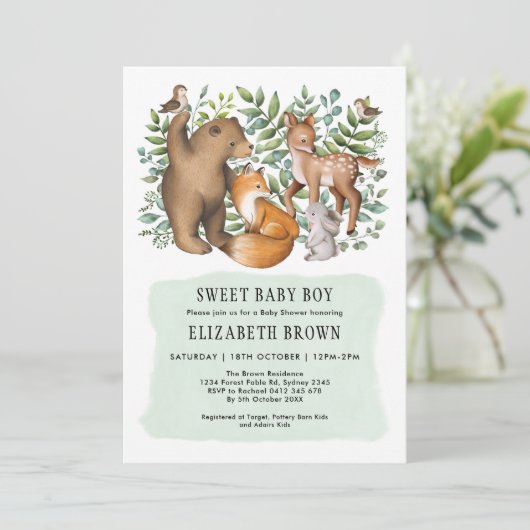 森の可耕森林動物少年の赤ちゃんシャワー 招待状 (スタンド正面)