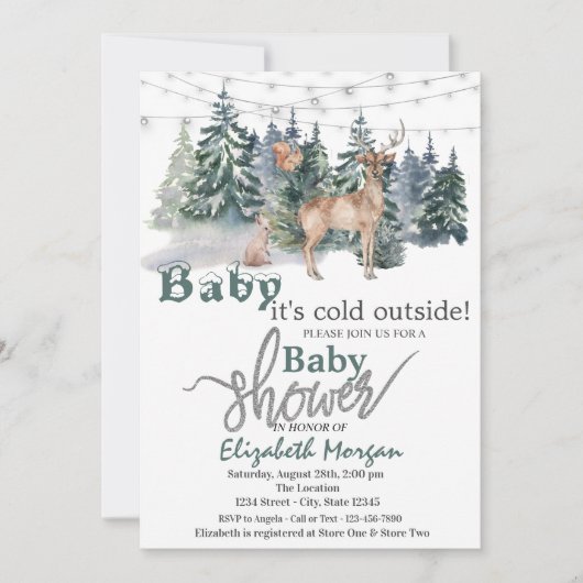 森の外の冷たいトナカイの赤ちゃんシャワー 招待状 (正面)