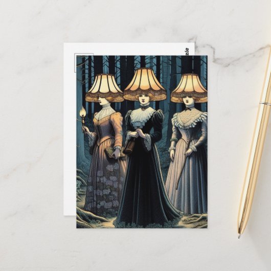 森の女性3人が帽子をかぶった ポストカード (正面/裏面インサイチュ)