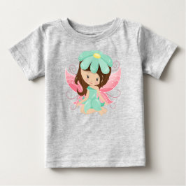森の妖精、かわいい妖精、茶色の髪、花 ベビーTシャツ