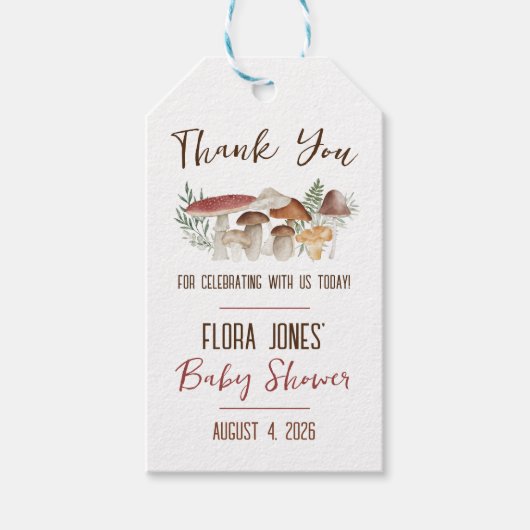 森の妖精、キノコをテーマにしたベビーシャワー ギフトタグ (正面)