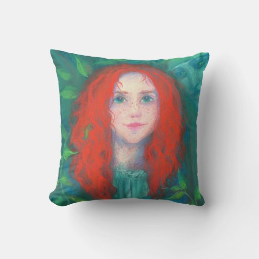 森の子、赤毛の女の子、緑の色合い クッション (正面)