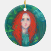 森の子、赤毛の女の子、緑の色合い セラミックオーナメント (裏面)