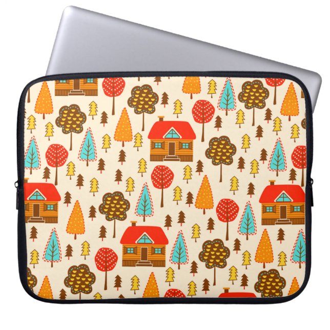 森の家々とシームレスな模様。ビンタグ ラップトップスリーブ (正面)