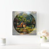 森の小屋 スクエア壁時計 (ホーム)