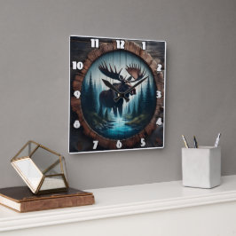 森の小川のそばに立つムース スクエア壁時計