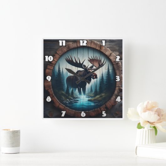 森の小川のそばに立つムース スクエア壁時計 (ホーム)