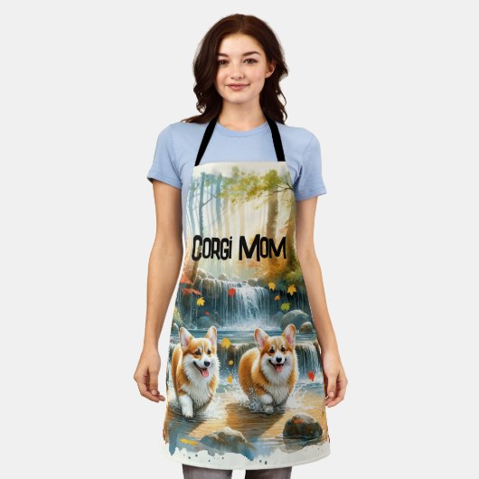 森の小川のコルギ犬と紅葉 エプロン (着用した状態)