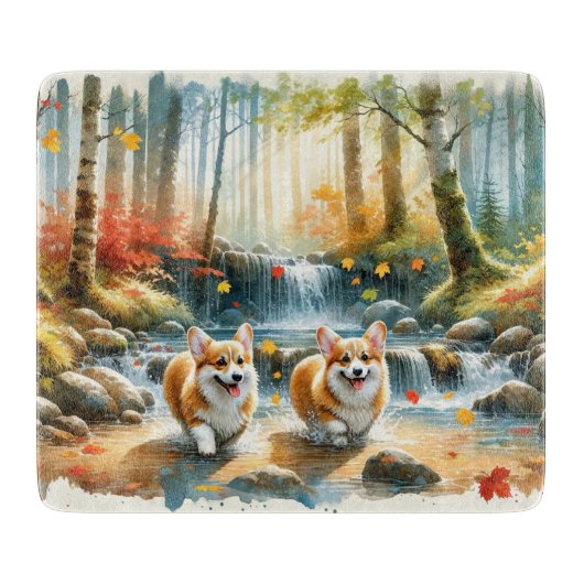 森の小川のコルギ犬と紅葉 カッティングボード (正面)