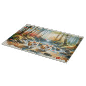 森の小川のコルギ犬と紅葉 カッティングボード (角)