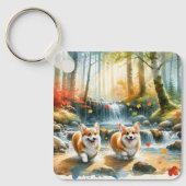 森の小川のコルギ犬と紅葉 キーホルダー (正面)