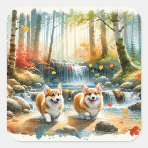 森の小川のコルギ犬と紅葉 スクエアシール