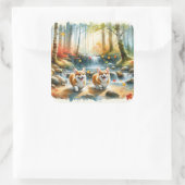 森の小川のコルギ犬と紅葉 スクエアシール (バッグ)