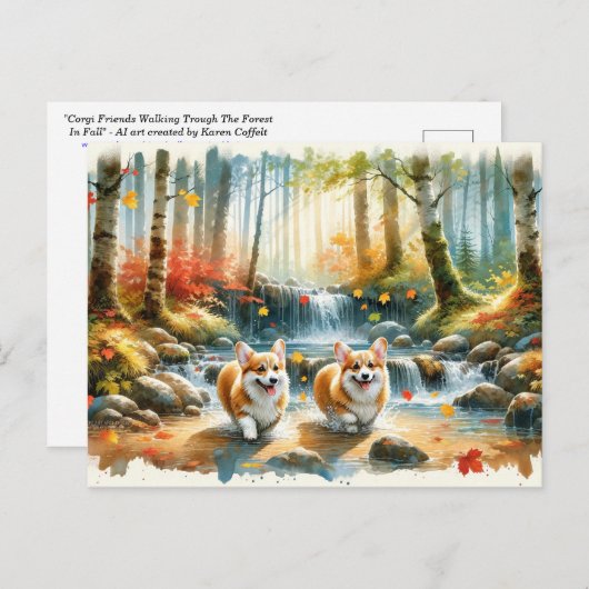 森の小川のコルギ犬と紅葉 ポストカード (正面/裏面)