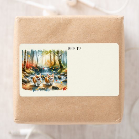森の小川のコルギ犬と紅葉 ラベル (インサイチュ)
