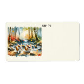 森の小川のコルギ犬と紅葉 ラベル (正面)