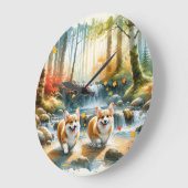 森の小川のコルギ犬と紅葉 ラージ壁時計 (傾斜)