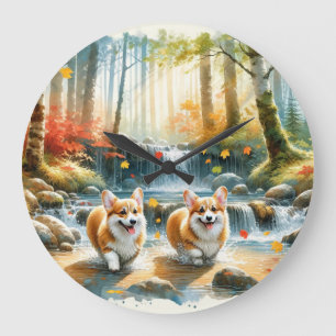 森の小川のコルギ犬と紅葉 ラージ壁時計