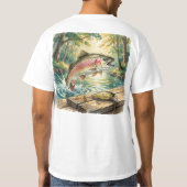 森の小川の水彩画で飛び跳ねるニジマス Tシャツ (裏面)