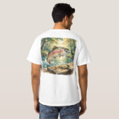 森の小川の水彩画で飛び跳ねるニジマス Tシャツ (裏面フル)