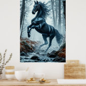 森の小川を駆け抜ける黒馬 ポスター (キッチン)