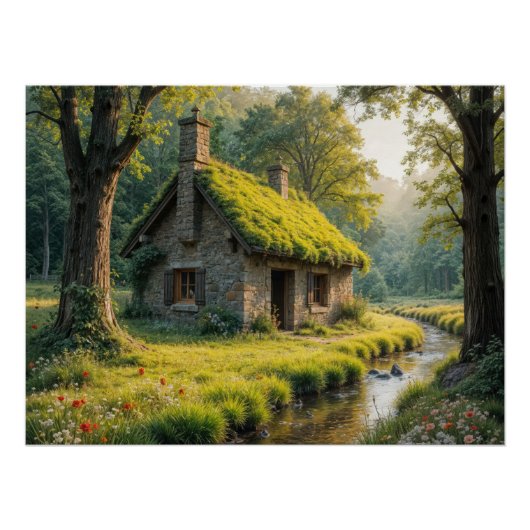 森の小川沿いのかわいい石の小屋 ポスター (正面)